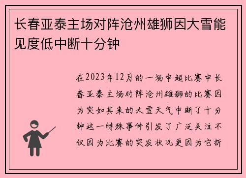 长春亚泰主场对阵沧州雄狮因大雪能见度低中断十分钟 长春亚泰主场对阵沧州雄狮因大雪能见度低中断十分钟